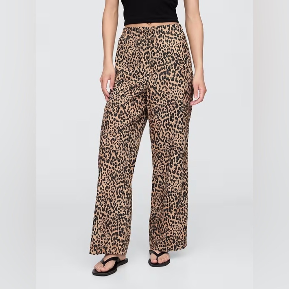 NEW! GAP Leopard Mid Rise Linen-Blend Pull-On Wide-Leg Pants - Small 🩷